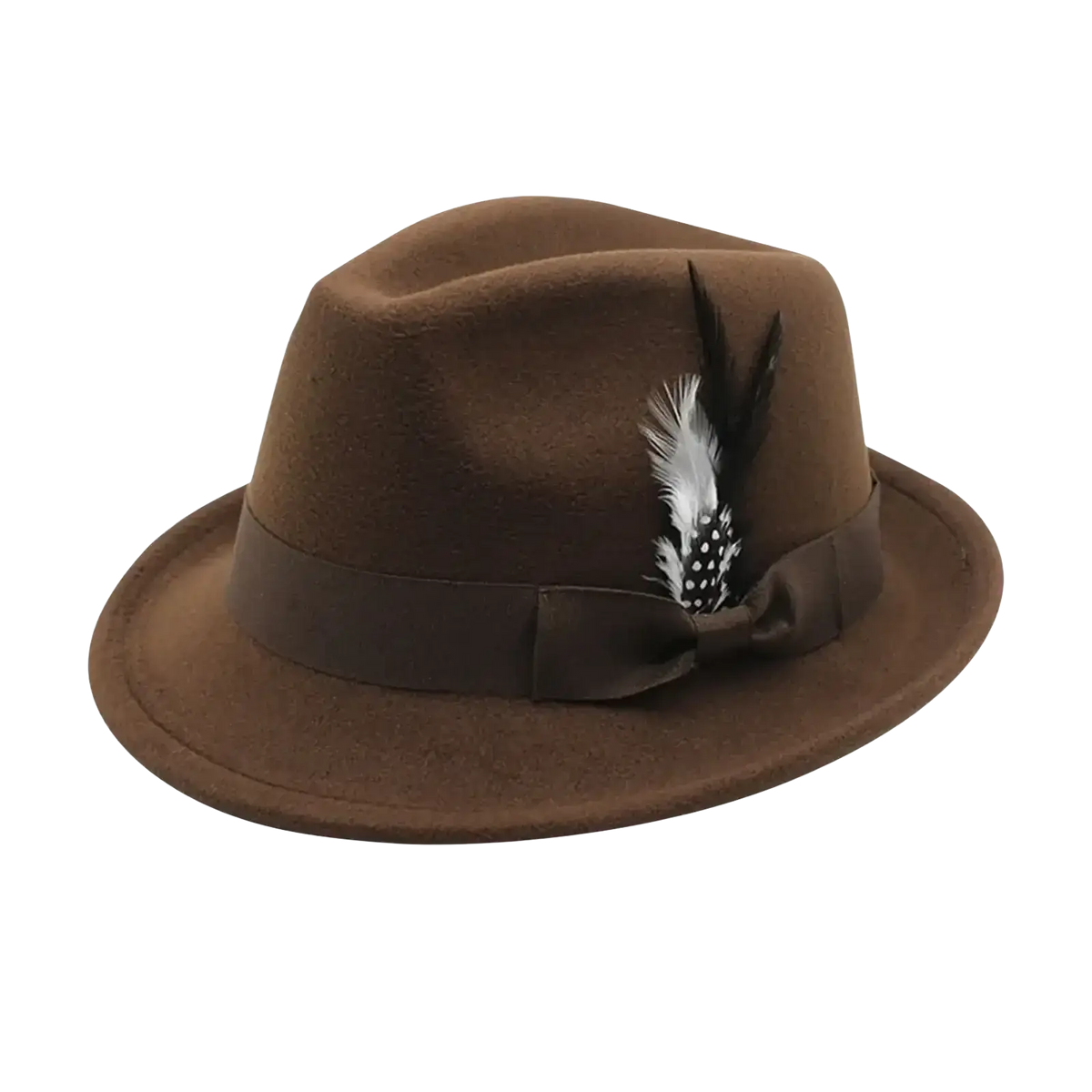 Brown wool fedora hat with a matching ribbon band and a decorative black and white feather accent for winter use