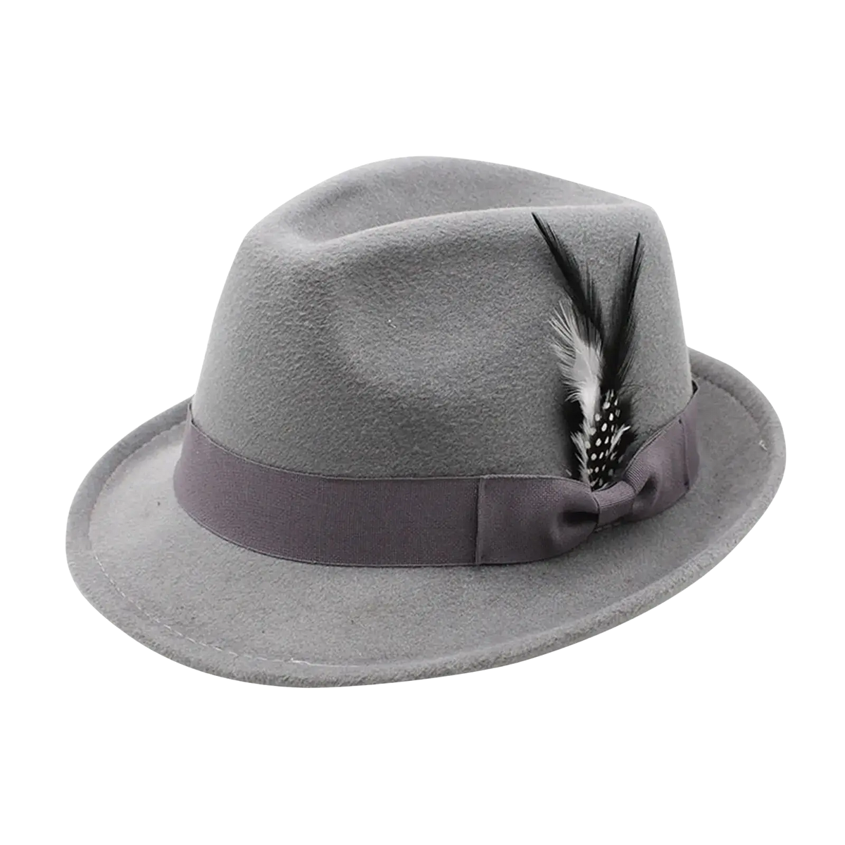 Men wool fedora hat in gray felt with dark gray satin ribbon and black and white feather accent for winter jazz style