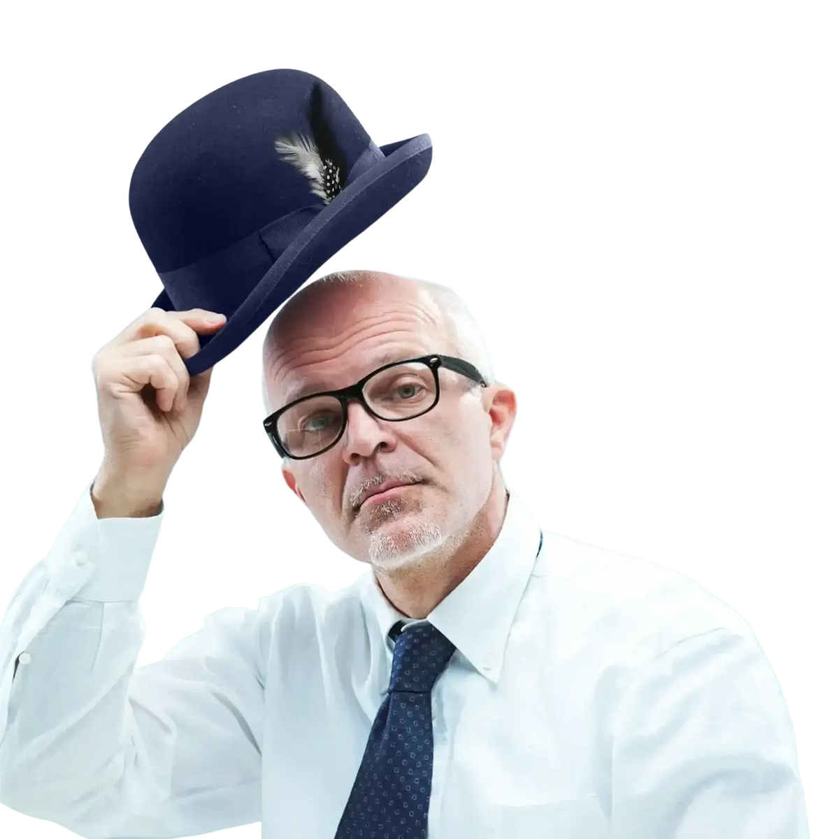 Men wool fedora hat in navy blue felt with white feather accent perfect for winter jazz style
