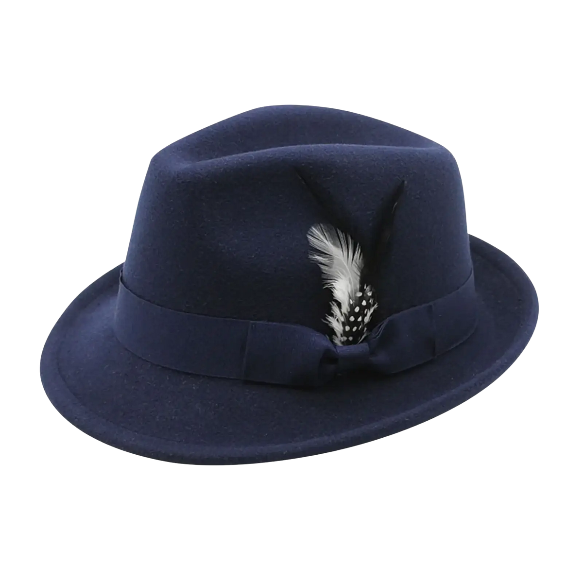 Navy blue wool fedora hat with matching ribbon band and black and white feather accent for winter jazz style