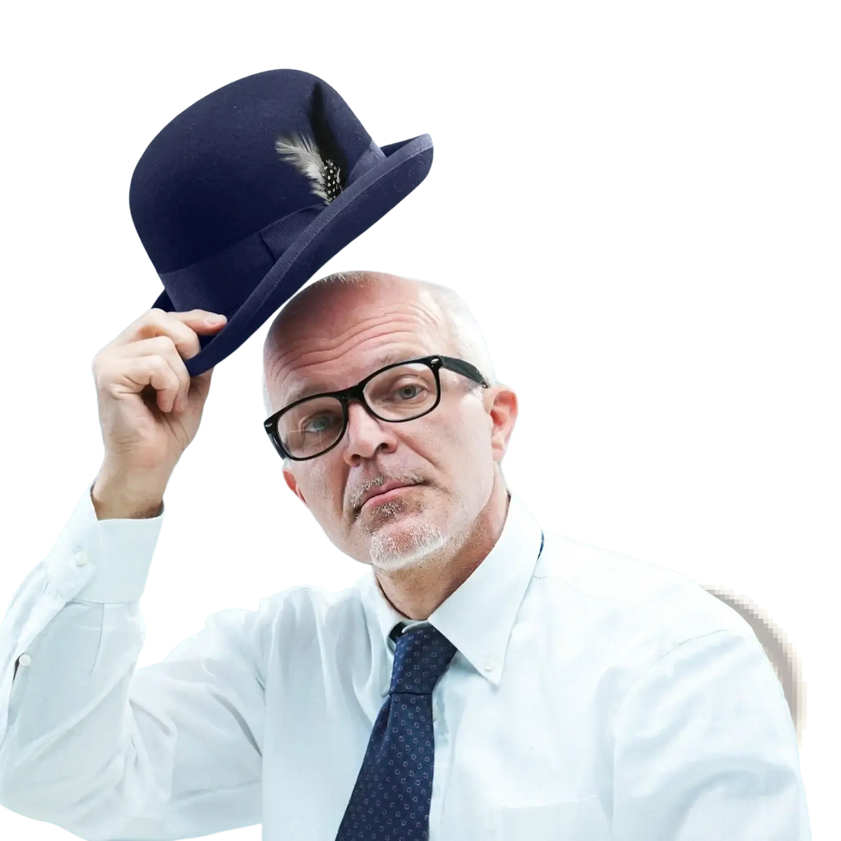 Navy blue wool felt men fedora hat with white feather detail ideal for winter jazz style wear
