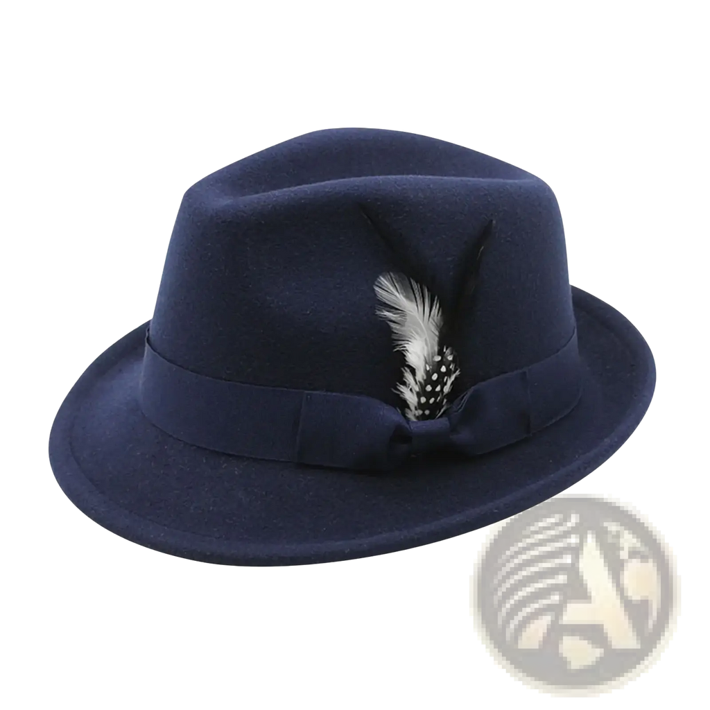 Navy blue wool fedora hat with matching ribbon band and black and white feather accent for winter jazz style