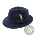 Navy blue wool fedora hat with matching ribbon band and black and white feather accent for winter jazz style