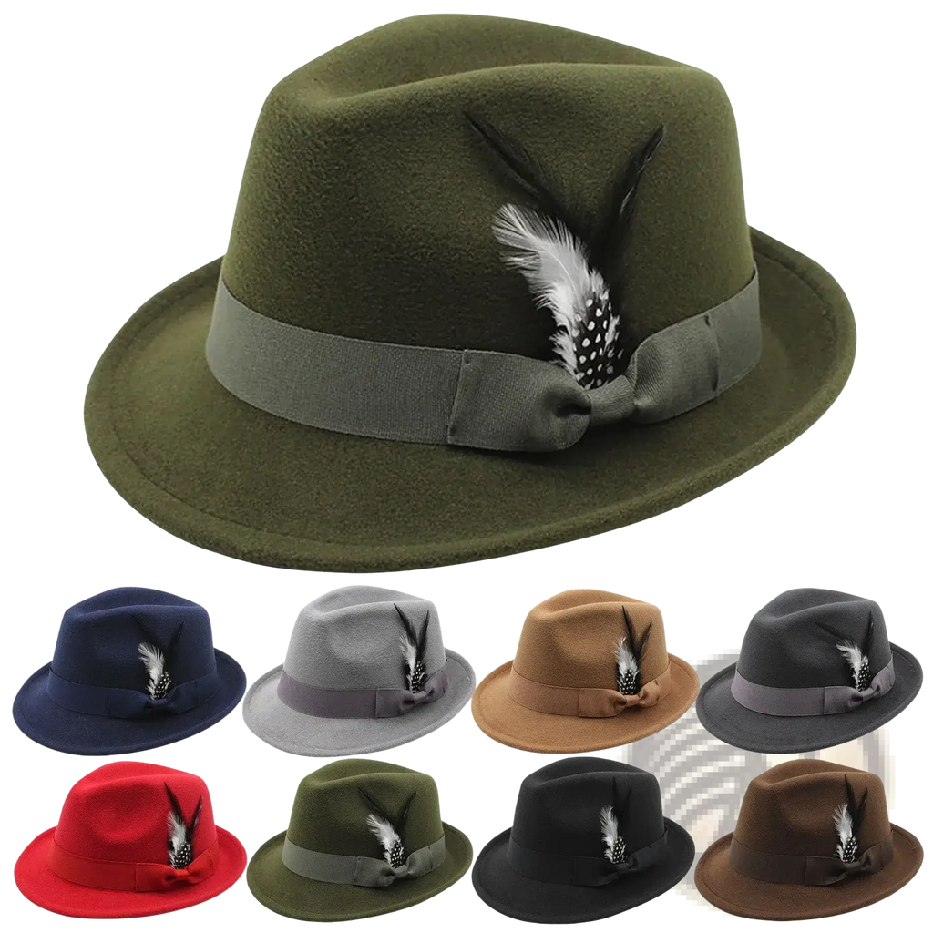 Men wool fedora hat in olive green felt with matching gray ribbon and black and white feather accent for winter jazz wear