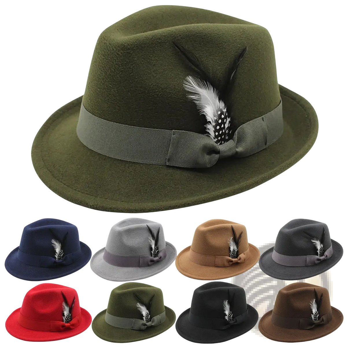 Men wool fedora hat in olive green felt with matching gray ribbon and black and white feather accent for winter jazz wear