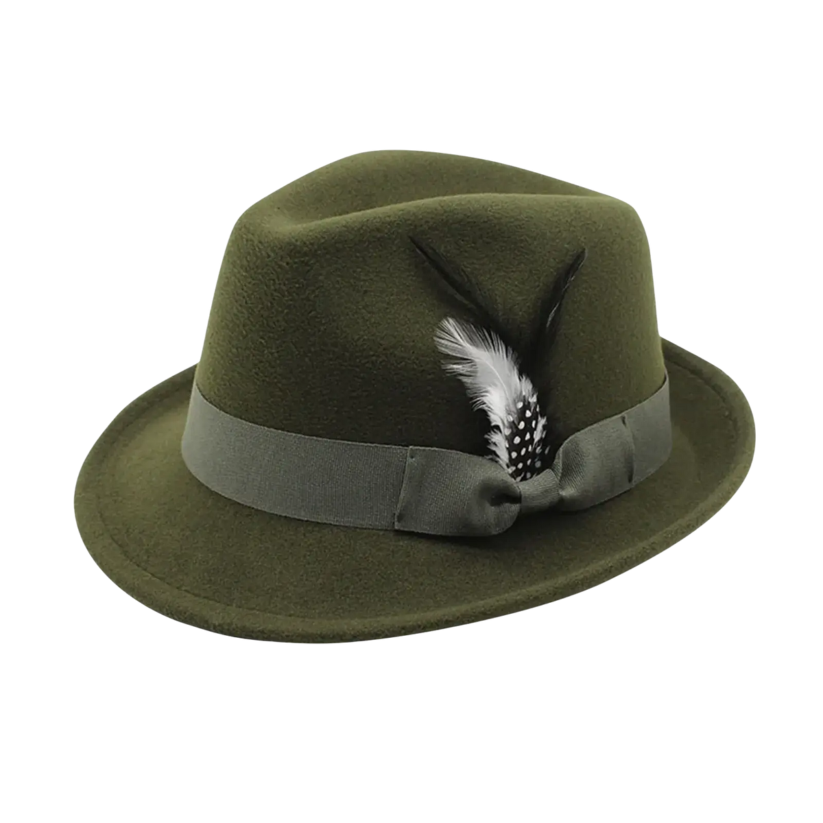 Olive green wool felt fedora hat with gray ribbon band and black and white feather accent for winter use