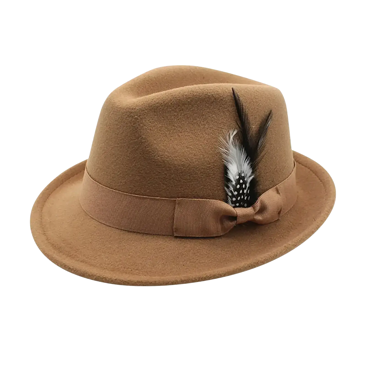 Tan wool fedora hat with matching ribbon band tied in a bow and black and white feather accent for winter jazz style
