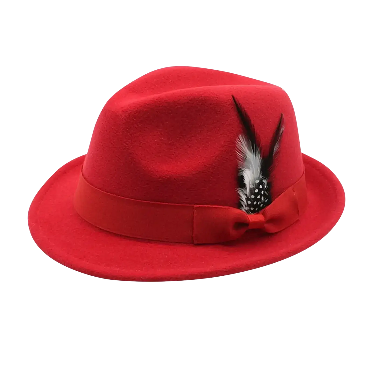 Vibrant red wool fedora hat with matching ribbon bow and black and white feather accent for winter jazz style
