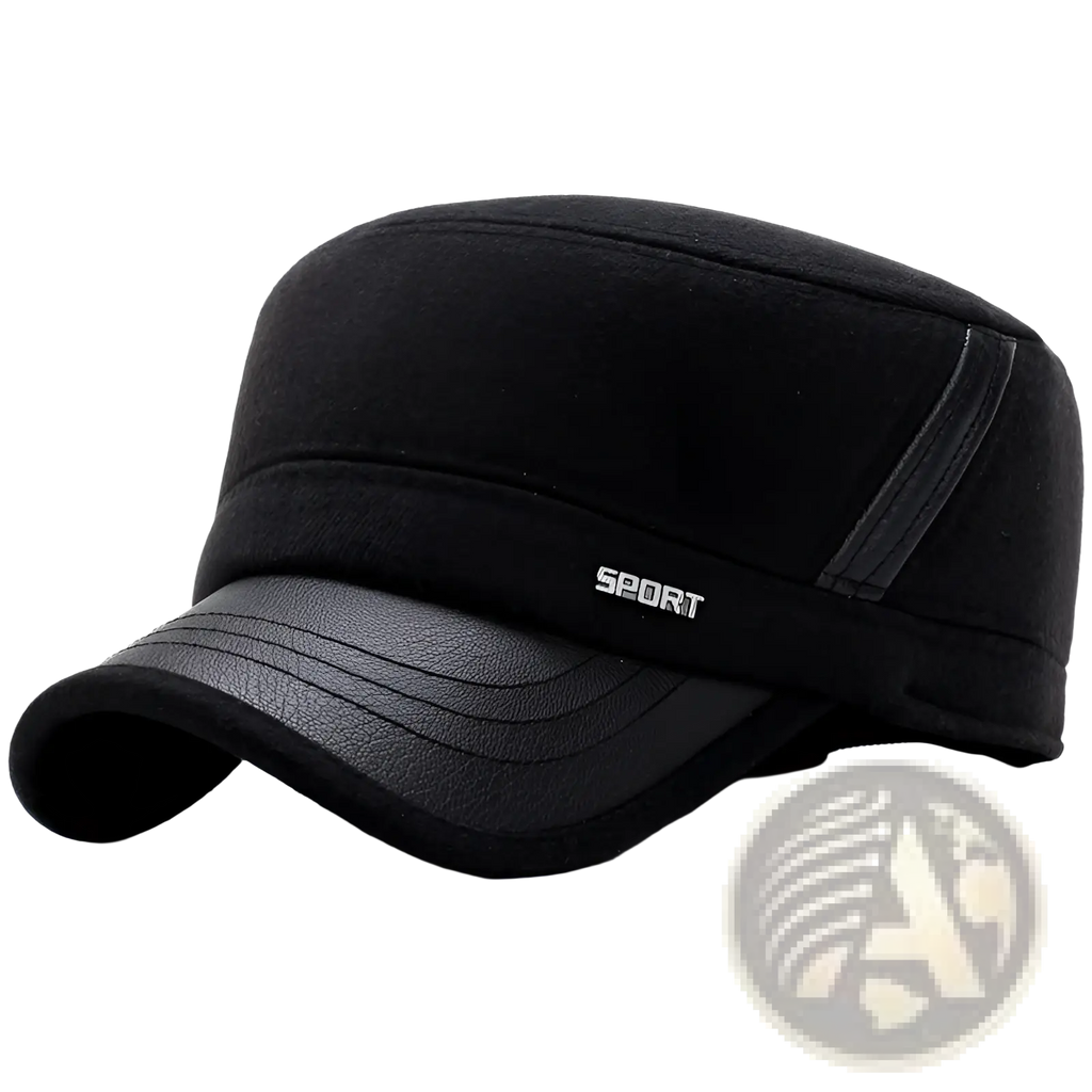 Men wool flat cap winter hat in black with textured fabric crown and faux leather brim and side panel accents