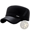 Men wool flat cap winter hat in black with textured fabric crown and faux leather brim and side panel accents