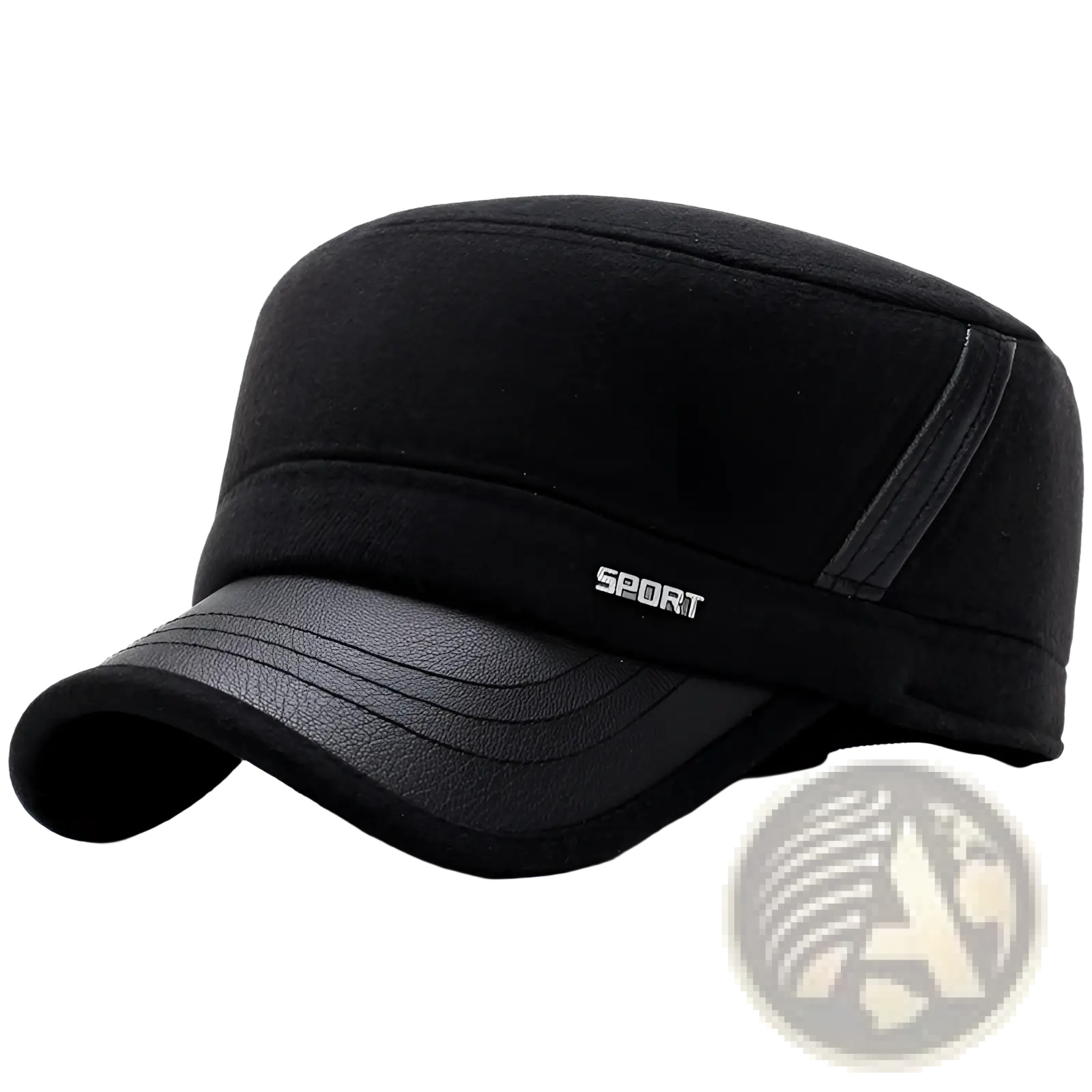 Men wool flat cap winter hat in black with textured fabric crown and faux leather brim and side panel accents