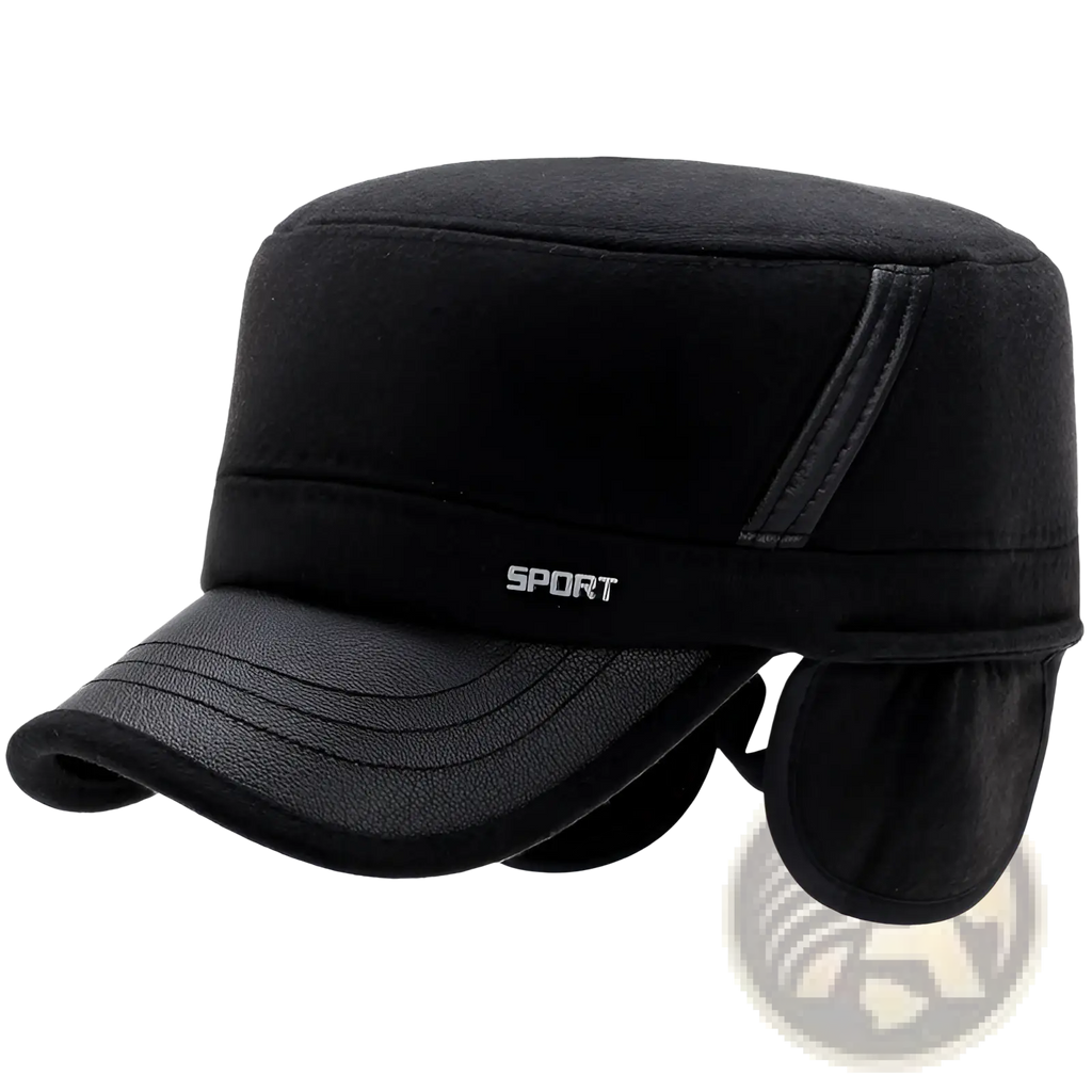 Men wool flat cap with leather trim black military style crown and ear flaps for winter wear
