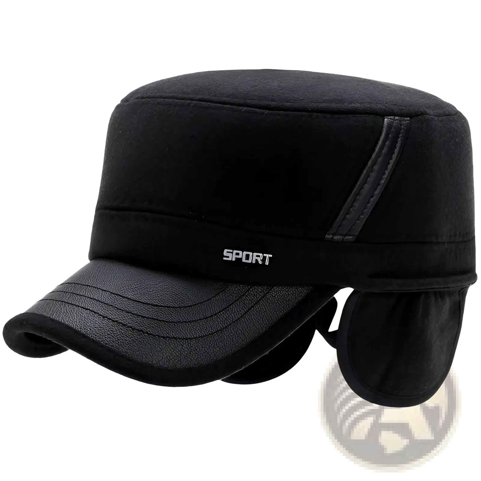 Men wool flat cap with leather trim black military style crown and ear flaps for winter wear