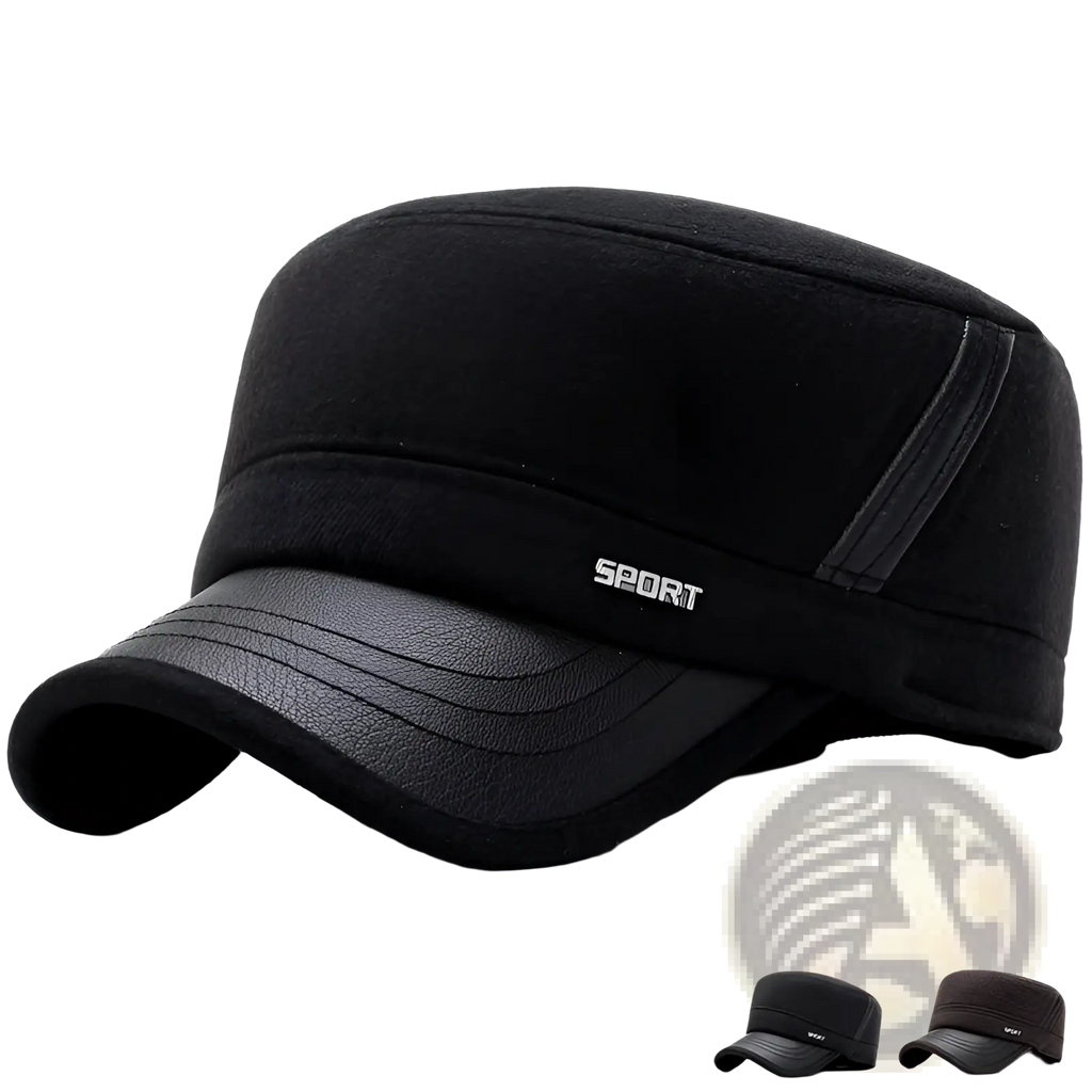 Men wool flat cap with black leather trim and sport embroidery is a stylish winter hat for cold weather