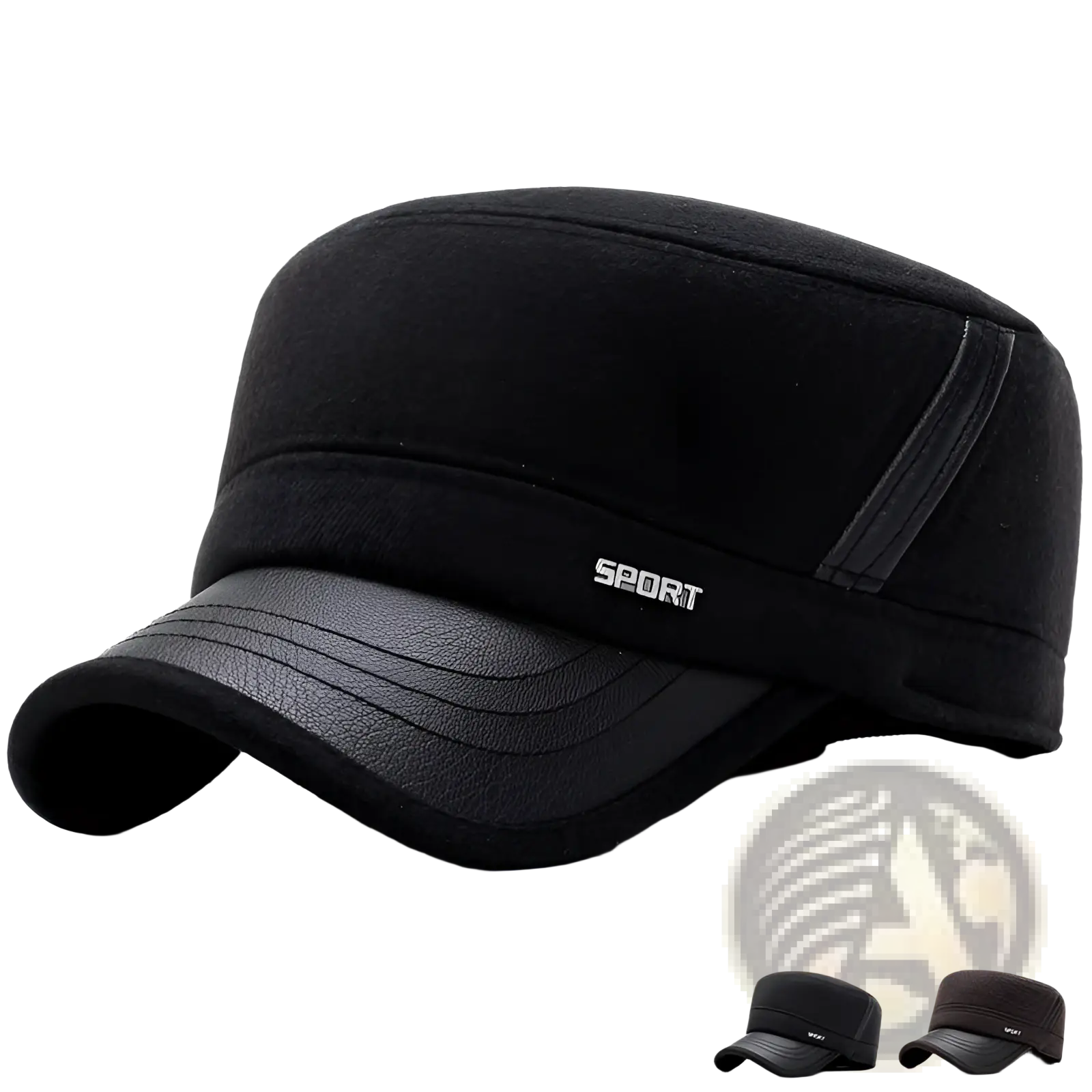 Men wool flat cap with black leather trim and sport embroidery is a stylish winter hat for cold weather