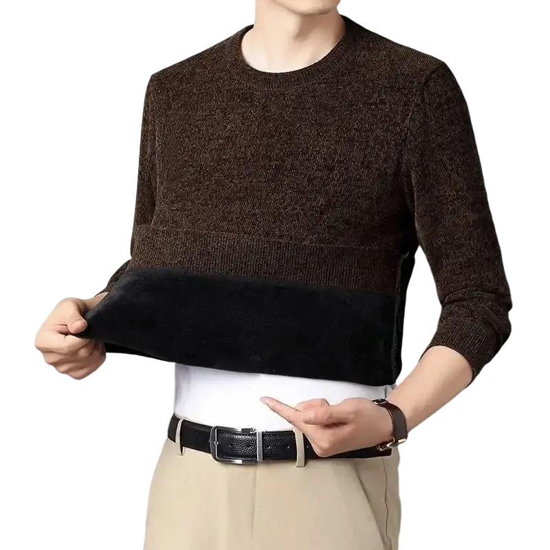 Men wool fleece pullover size 4xl brown textured knit sweater with black fleece-lined hem for warmth and comfort