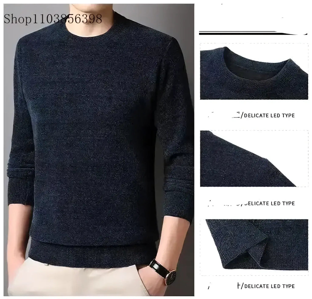 Dark blue crewneck men wool fleece pullover in textured knit fabric size 4xl for cold weather layering