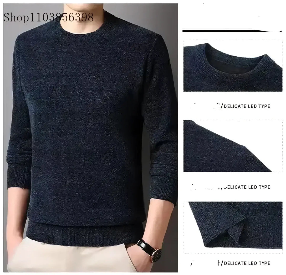 Dark blue crewneck men wool fleece pullover in textured knit fabric size 4xl for cold weather layering