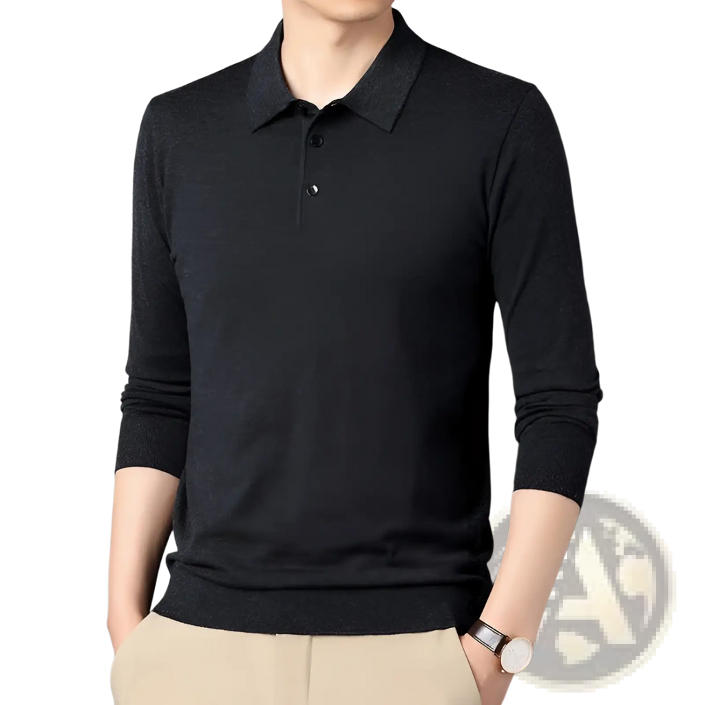 Black men wool knit polo shirt long sleeve with subtle heathered texture and classic collar in front view