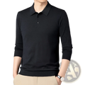 Black men wool knit polo shirt long sleeve with subtle heathered texture and classic collar in front view