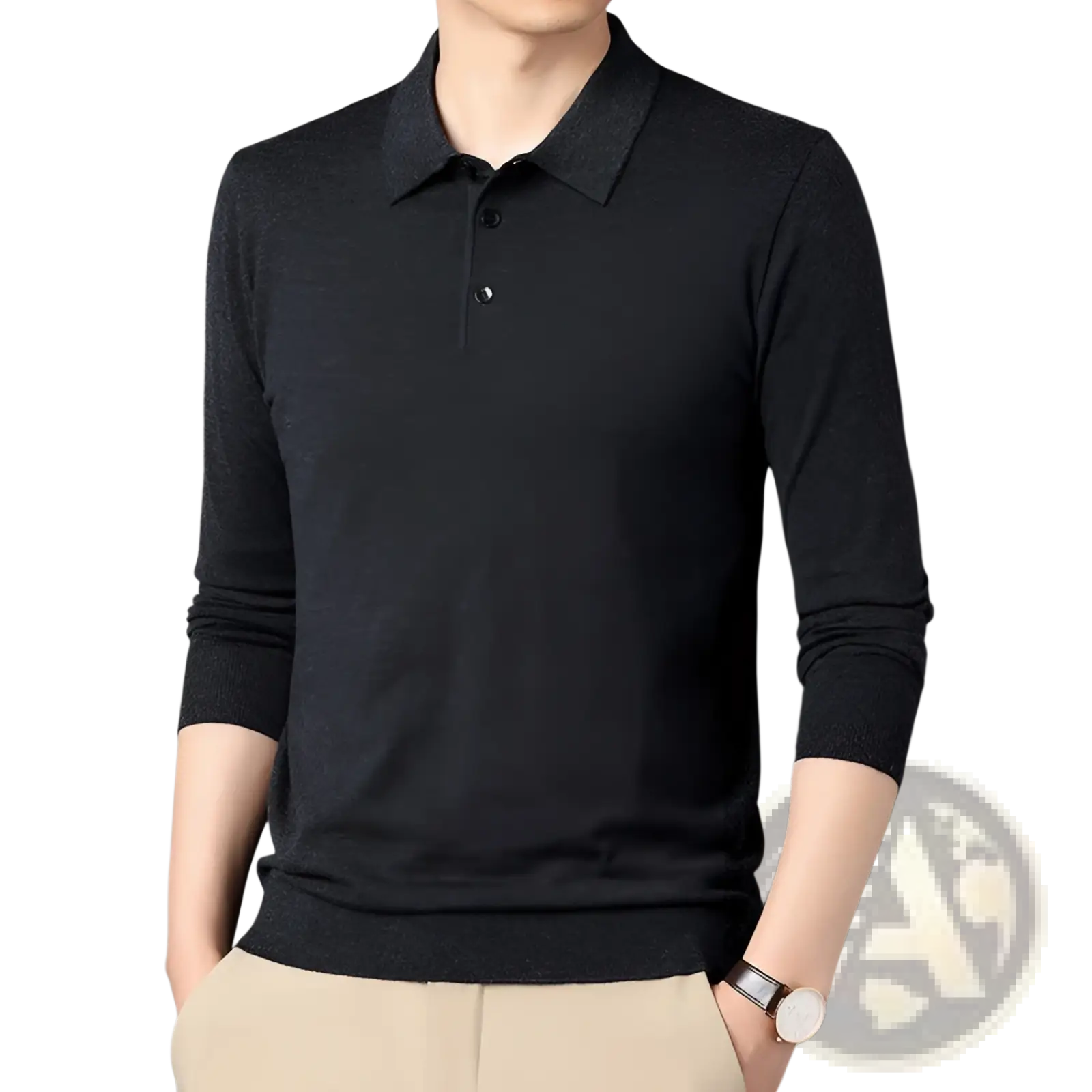 Black men wool knit polo shirt long sleeve with subtle heathered texture and classic collar in front view