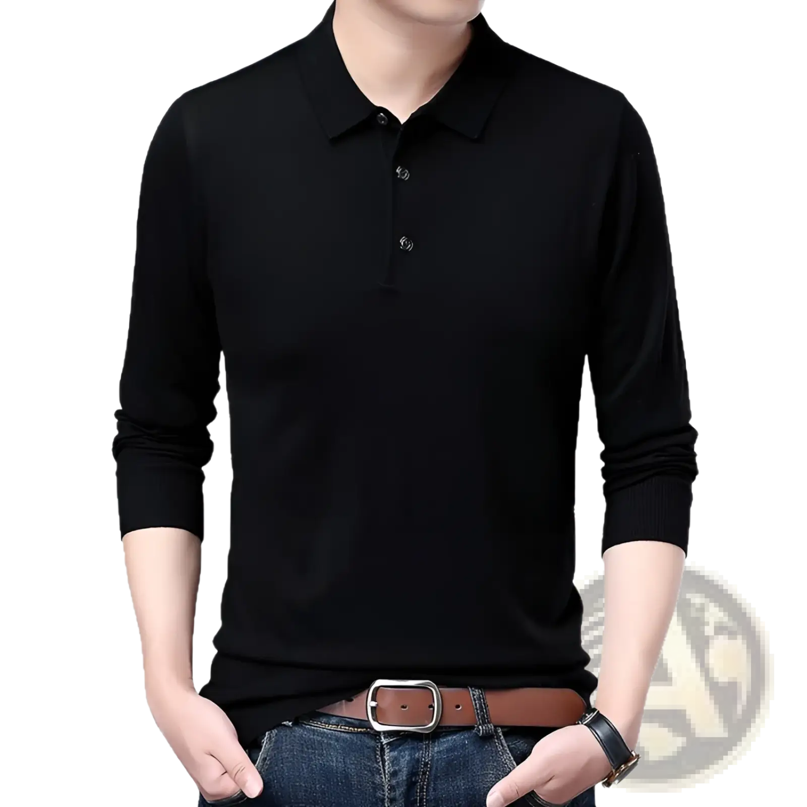 Black wool knit polo shirt for men with long sleeves classic collar and three-button placket