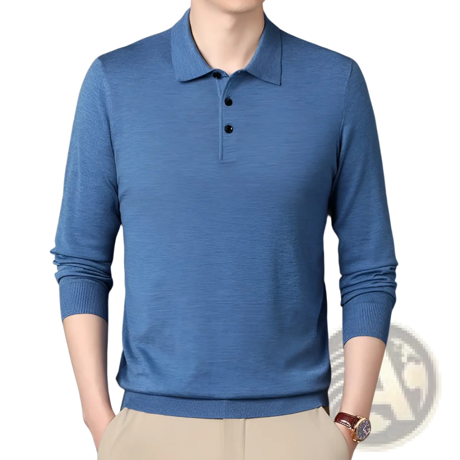 Men wool knit polo shirt long sleeve in blue with collar and three black buttons made of wool knit fabric