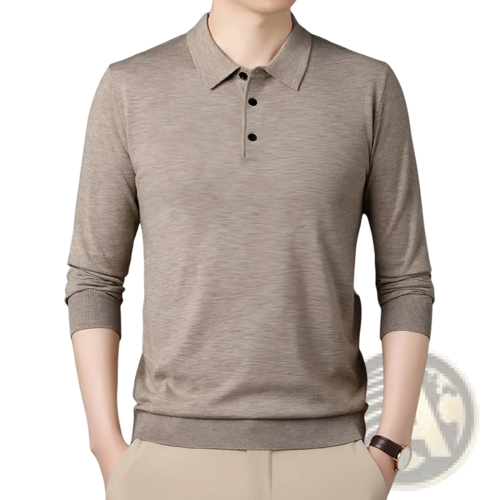 Men wool knit polo shirt long sleeve in soft heathered taupe with black buttons and ribbed cuffs