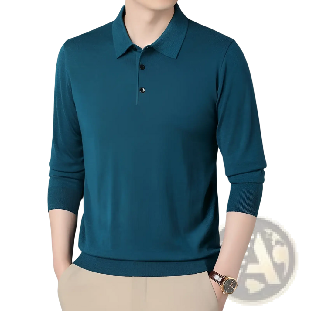 Men wool knit polo shirt long sleeve in teal with a classic collar and three dark buttons