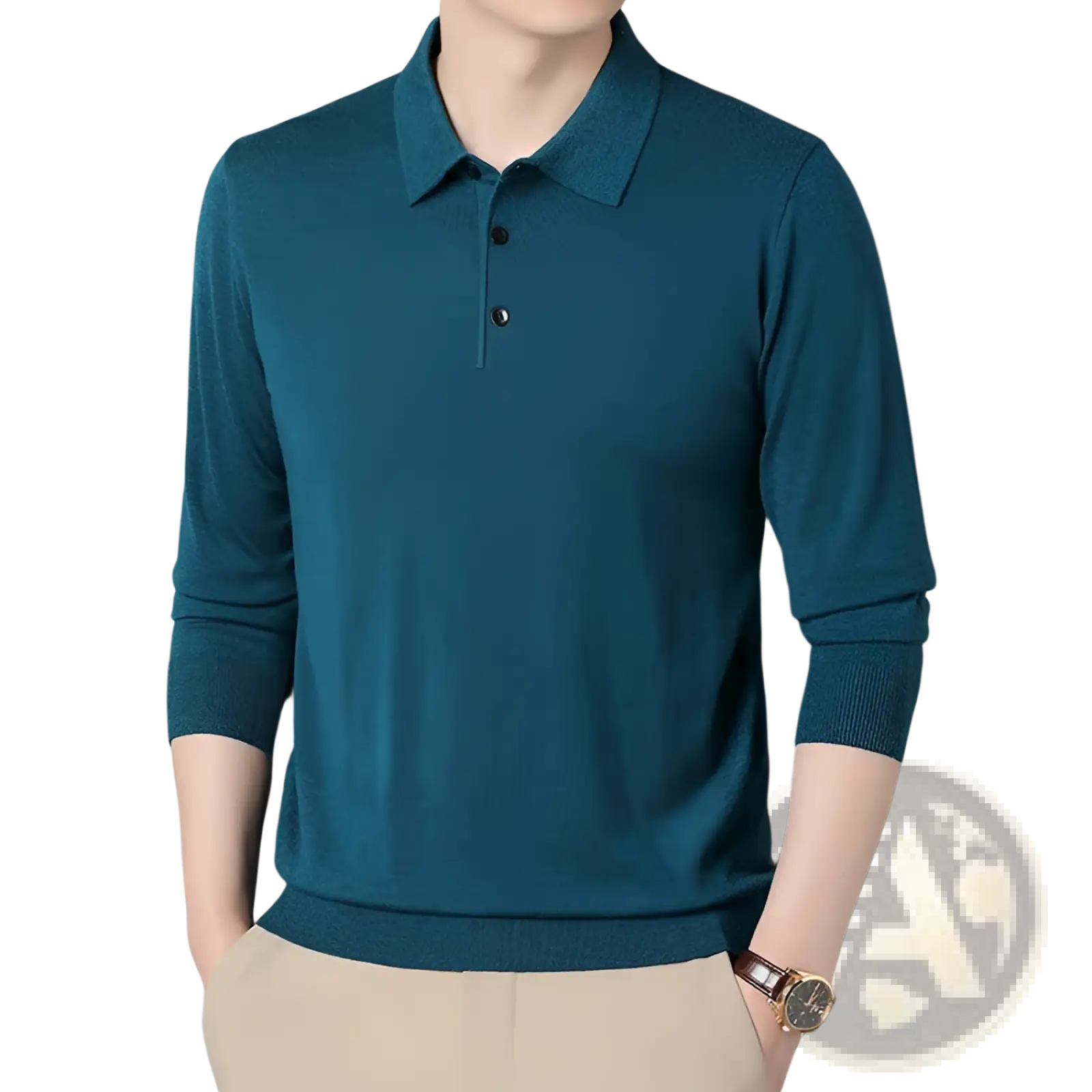 Men wool knit polo shirt long sleeve in teal with a classic collar and three dark buttons