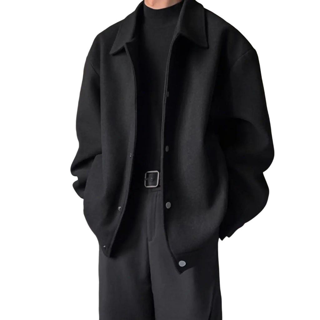 Black oversized woolen men mid length coat with classic collar and button closure warm winter jacket