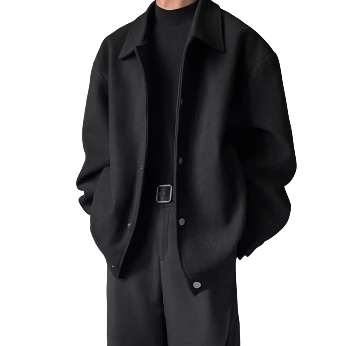Black oversized woolen men mid length coat with classic collar and button closure warm winter jacket