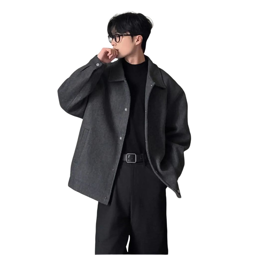 Dark gray wool blend men mid length coat with classic collar and button closure warm winter jacket