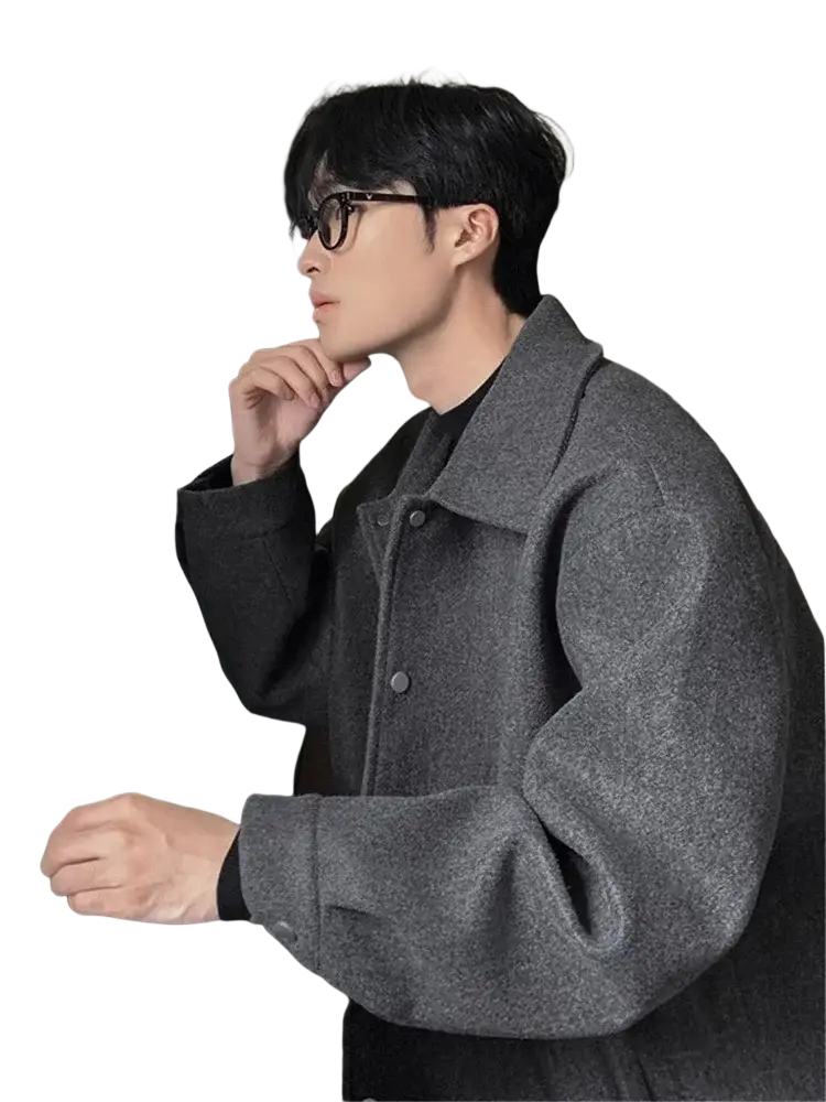 Men wool mid length coat dark gray textured wool overcoat with classic collar and button closure for winter wear