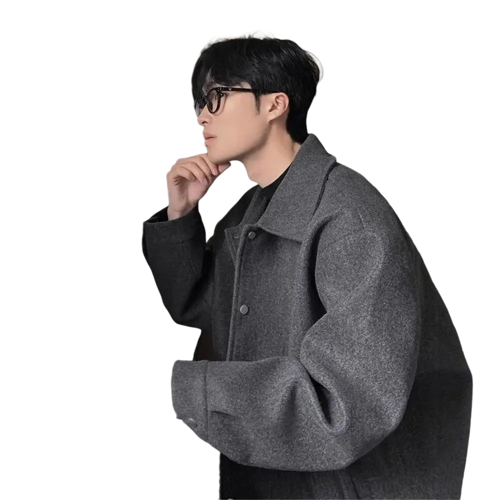 Men wool mid length coat gray woolen overcoat with classic collar and button closure warm winter jacket