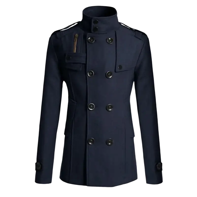 Men wool overcoat double breasted navy blue with black buttons and epaulets for formal winter wear