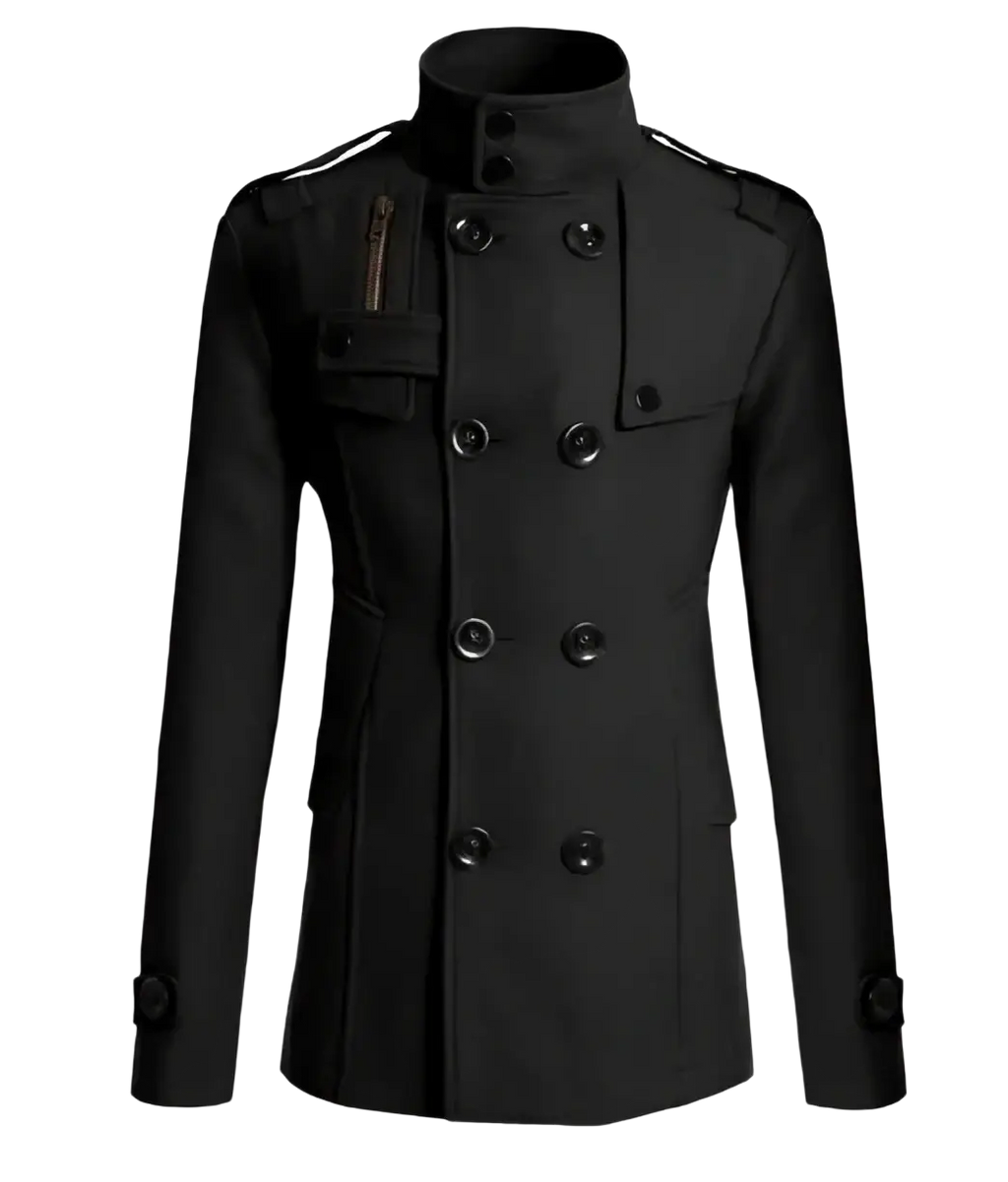 Men wool overcoat double breasted navy blue with high collar buttoned front and epaulets made from wool fabric