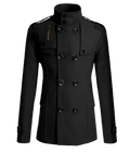 Men wool overcoat double breasted navy blue with high collar buttoned front and epaulets made from wool fabric