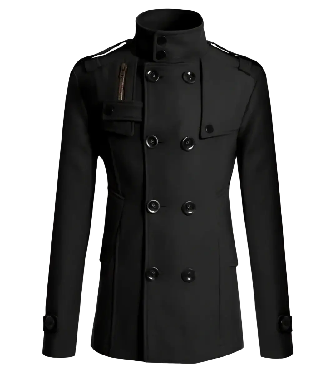 Men wool overcoat double breasted navy blue with high collar buttoned front and epaulets made from wool fabric