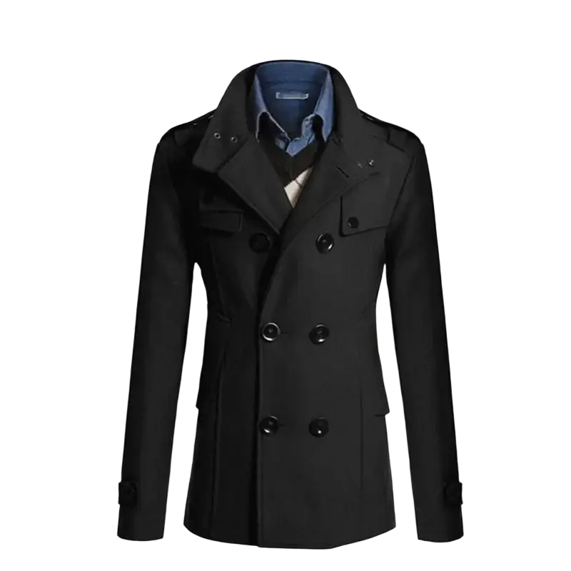 Black double breasted wool trench coat with notched collar and dark buttons for men navy blue overcoat alternative