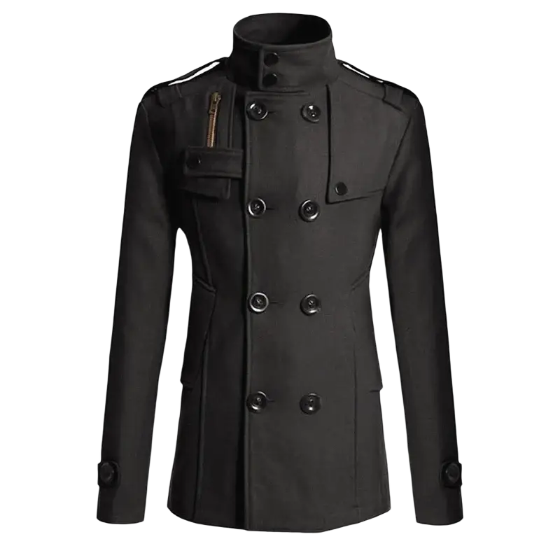 Black double-breasted wool trench coat with high collar dark buttons and shoulder straps for men