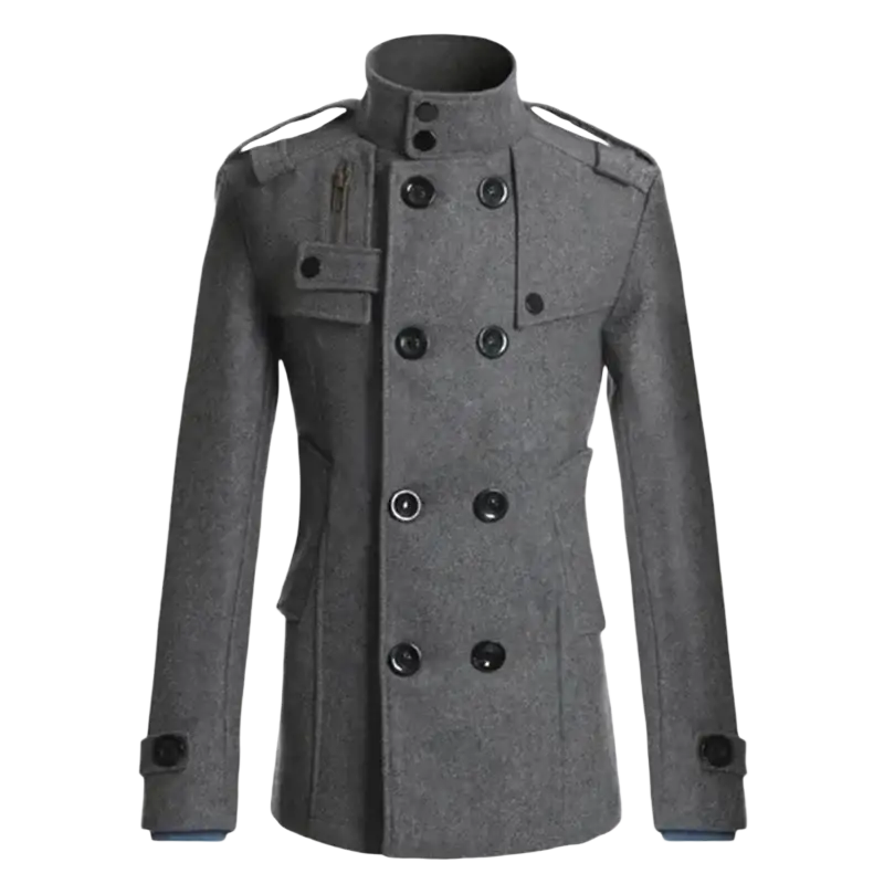 Men wool overcoat double breasted navy blue with gray woolen fabric black buttons and shoulder epaulets