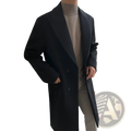 Black wool overcoat with notched lapels and double breasted button closure for men winter jacket
