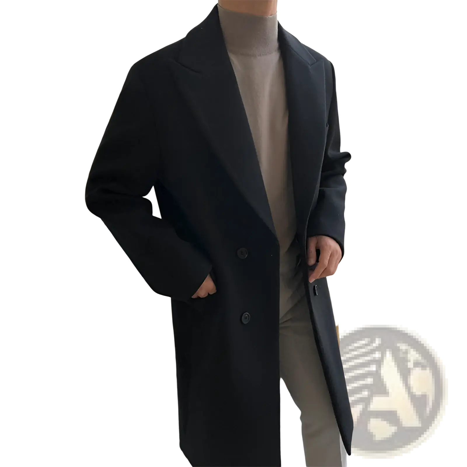 Black wool overcoat with notched lapels and double breasted button closure for men winter jacket