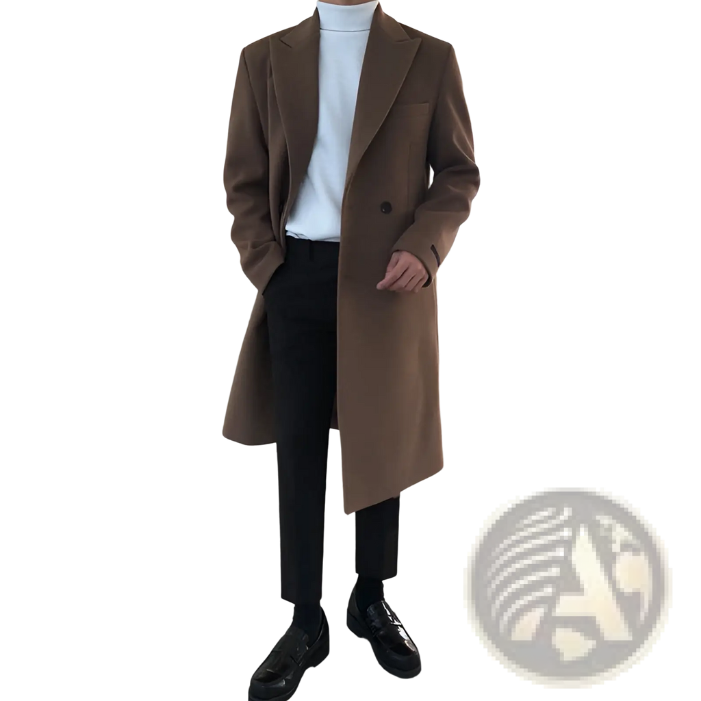 A sleek camel-colored men wool overcoat with a double-breasted design and notched lapels for winter wear