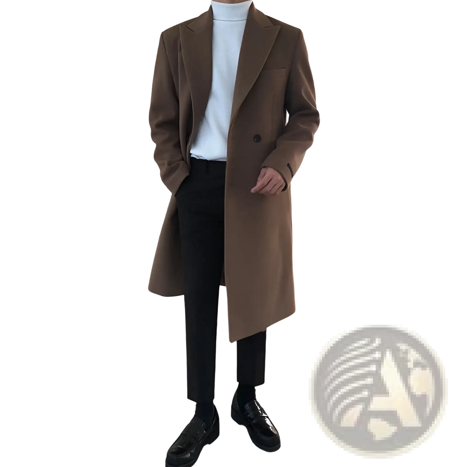 A sleek camel-colored men wool overcoat with a double-breasted design and notched lapels for winter wear