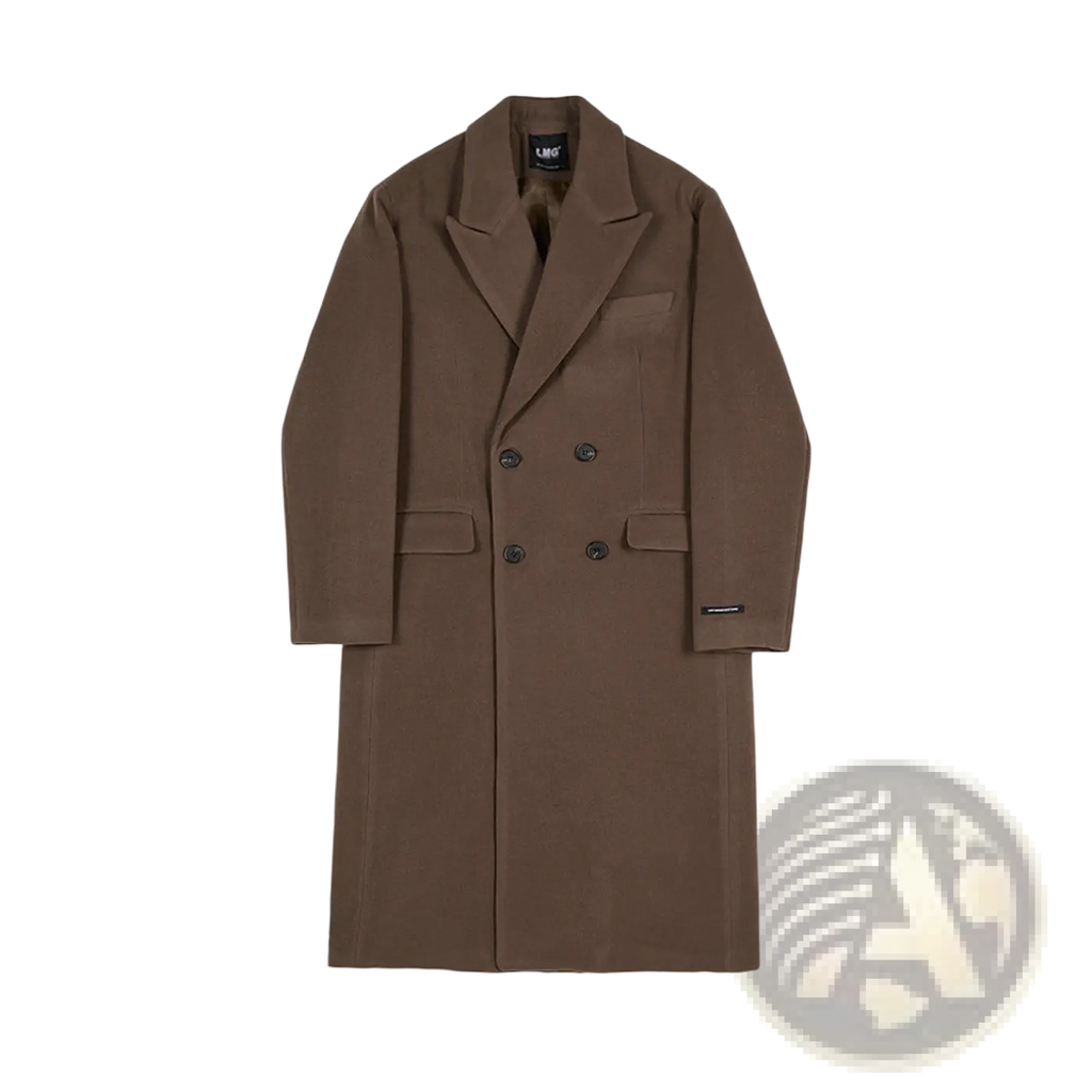 Men wool overcoat double breasted winter jacket in sleek chocolate brown with structured collar and matching dark buttons