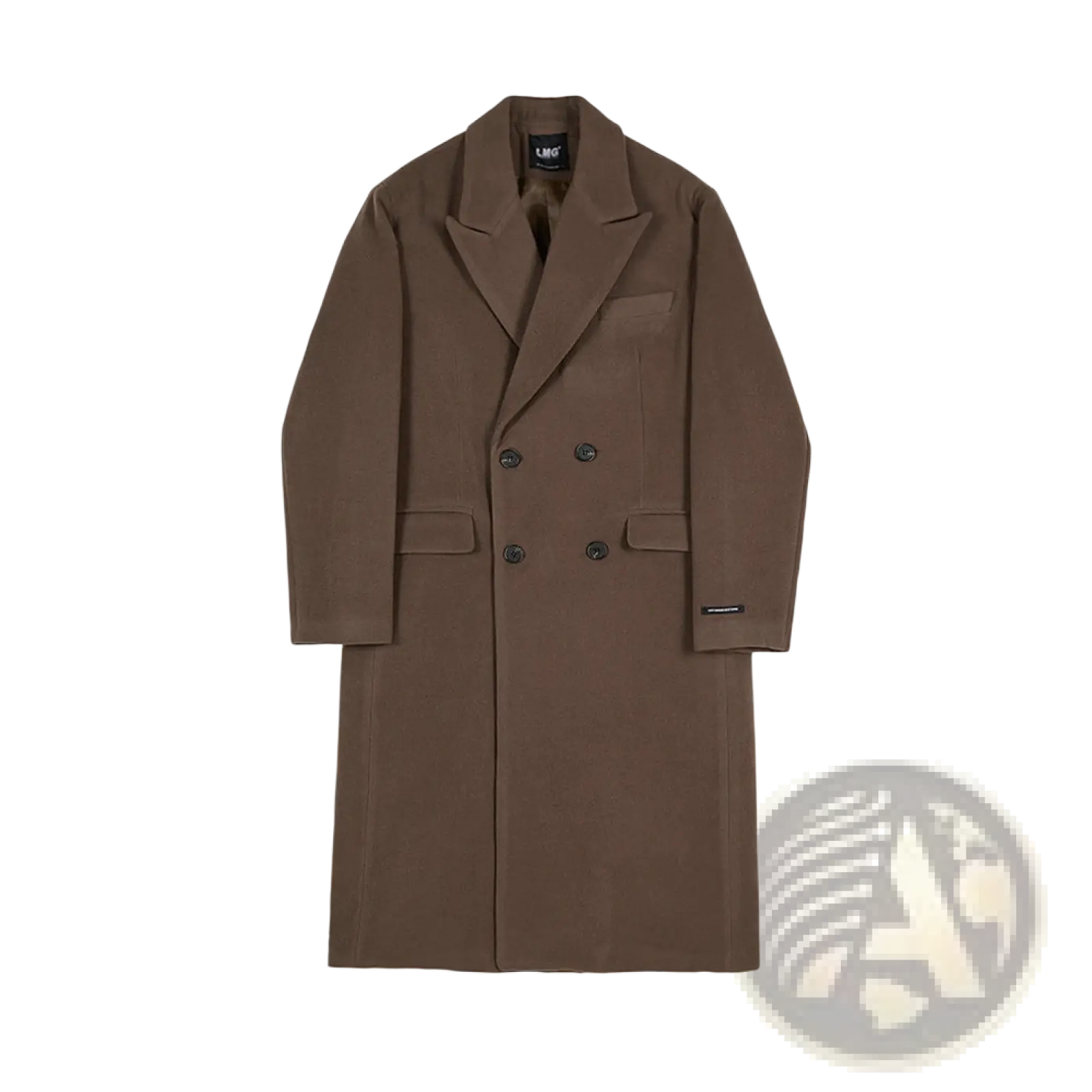Men wool overcoat double breasted winter jacket in sleek chocolate brown with structured collar and matching dark buttons