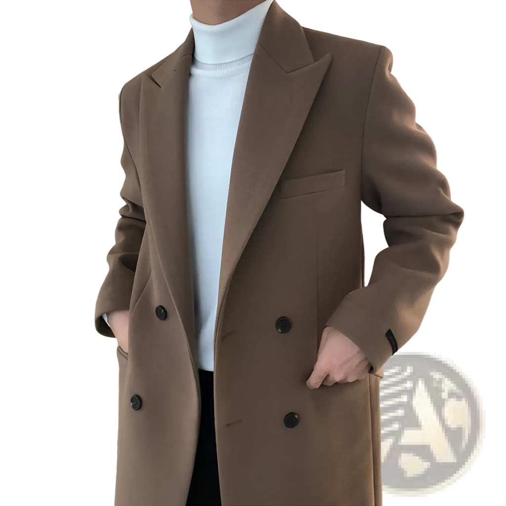 Men wool overcoat double breasted winter jacket in camel color with black buttons and structured collar