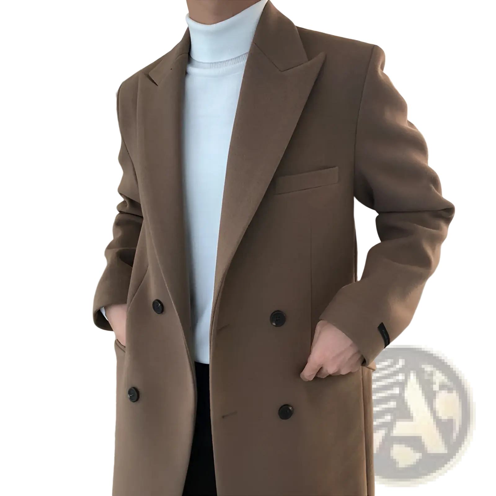 Men wool overcoat double breasted winter jacket in camel color with black buttons and structured collar